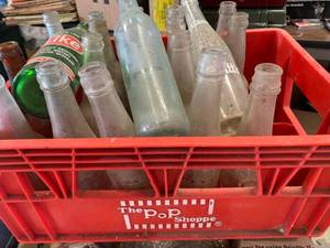 lot 40 image: Pop Shoppe Crate with Vintage Bottles Jacob Ries, Nesbits, etc.