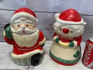 lot 49 image: Pair of Mr & Mrs Santa Claus Hand Painted Cookie Jars