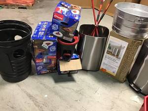 lot 108 image: Pallet with assorted trash cans and cleaning accessories see pictures
