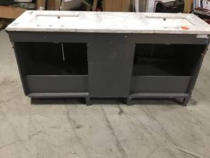 lot 118 image: Home Decorators Sonoma 72 in. W x 22 in. D Vanity in Dark Charcoal with Vanity Top in Carrara with White Basins side damage see pictures