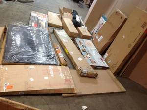 lot 16 image: Pallet with assorted furniture and shelves see pcitures