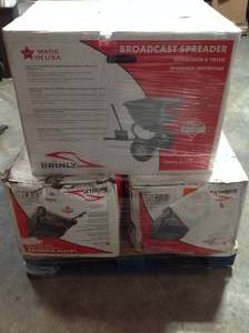 lot 8 image: Lot of 3 Brinly 125 lb Tow behind broadcast spreader not used open box