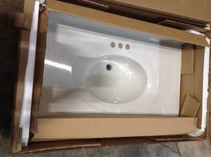 lot 36 image: Design House 37 in. W x 22 in. D Cultured Marble Vanity Top in White on White with White on White Basin and 4 in. Faucet Spread