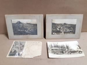 Antique Photos - Wrecked House and Barn, Postcard of Giant Child & Postcard from Ebenhah Body Shops, Sleepy Eye MN