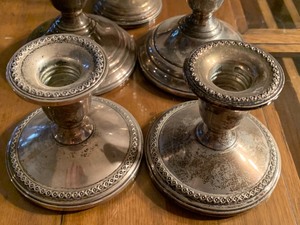 lot 120 image: Two Pair Sterling Candle Holders and Sterling Candy Dish