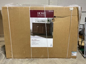 lot 21 image: New Sedgewood 48-12 in. W Bath Vanity in Dark Cognac with Solid Surface Technology Vanity Top in Arctic with White Sink