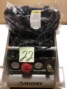 lot 22 image: 1 Gal. Portable Electric-Powered Silent Air Compressor by Husky GOOD CONDITION SEE PICS 