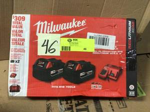 lot 46 image: M18 18-Volt Lithium-Ion XC Starter Kit with Two 4.0 Ah Batteries, Charger and Contractor Bag by Milwaukee GOOD CONDITION SEE PICS 
