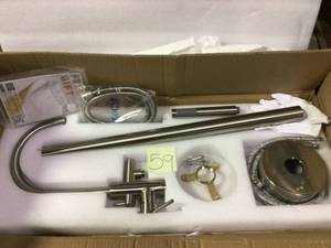 lot 59 image: 1-Handle Freestanding Floor Mount Tub Faucet Bathtub Filler with Hand Shower in Brush Nickel by AKDY GOOD CONDITION SEE PICS 