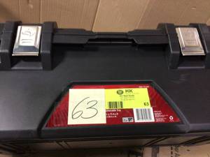 lot 63 image: 26 in. Plastic Portable Tool Box with Metal Latches in Black by Husky WORKING CONDITION SEE PICS 