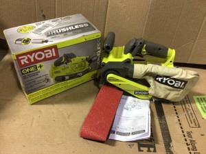 lot 66 image: 18-Volt ONE Cordless Brushless 3 in. x 18 in. Belt Sander (Tool Only) with Dust Bag and 80-Grit Sanding Belt by RYOBI GOOD CONDITION SEE PICS 