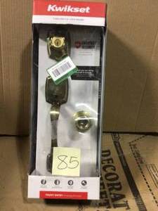 lot 85 image: Belleview Antique Brass Single Cylinder Door Handleset with Tylo Door Knob Featuring SmartKey Security by Kwikset