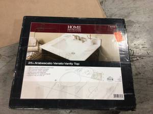 lot 114 image: 25 in. W Marble Single Sink Vanity Top in Arabescato Venato with White Sink by Home Decorators Collection not used