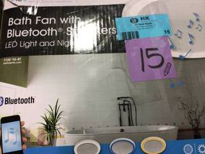 lot 15 image: Decorative White 110 CFM Ceiling Mount Bluetooth Stereo Speakers Bathroom Exhaust Fan with LED Light in good conditions 