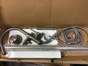 lot 27 image: 1-Handle Freestanding Floor Mount Tub Faucet Bathtub Filler with Hand Shower in Brush Nickel costumer returns 