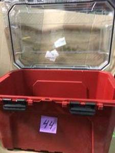lot 44 image: 20-Gal. Professional Duty Waterproof Storage Container with Hinged Lid in Red by Husky