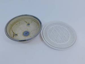 Clay Pottery Bowl  2 White Metal Plates