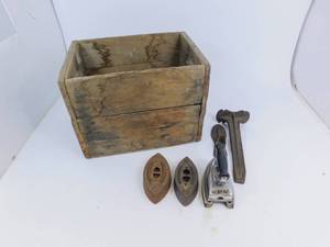 Vintage Sad Iron with Stand  2 Cast Iron Stands  Old Crate Cast Iron Shoe Repair Stand