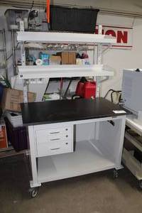 lot 43 image: Workplace Systems Modular Bench Systems Phenolic Resin Top Metal Mobile Workstation 3-drawer 2-shelf