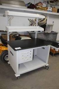 lot 42 image: Workplace Systems Modular Bench Systems Phenolic Resin Top Metal Mobile Workstation 3-drawer 2-shelf