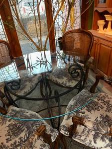 Wrought Iron Round Glass Top Table and 4 Upholstered Chairs