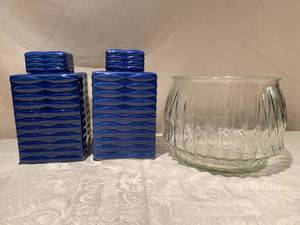 Blue pottery and punch bowl.