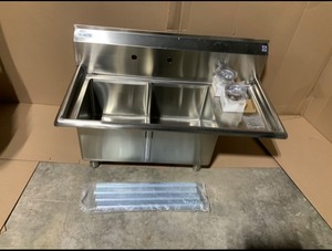 koolmore Freestanding Stainless Steel 43 in. 2-Hole Double Bowl Commercial Kitchen Sink used but still in good condition see pics