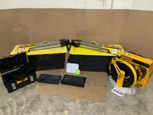 Assorted dewalt tools & 2-HDX 55 Gal. Tough Storage Bin in Black & DEWALT 12 in. x 50 ft. Double Arm Auto Retracting Air Hose Reel See pics