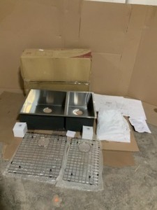 AKDY Handcrafted All-in-One Undermount Stainless Steel 33 in. x 22 in. x 9 in. Double Bowl Kitchen Sink with Grid and Drain Open box but complete see pics
