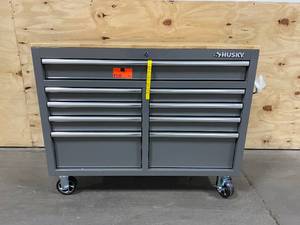 lot 101 image: HUSKY 46 in. W 9-Drawer, Deep Tool Chest Mobile Workbench in Gloss Gray with Hardwood Top