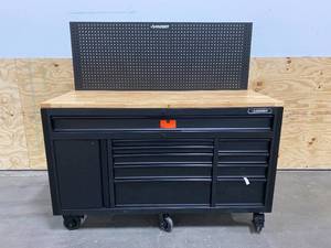 lot 3 image: HUSKY Heavy-Duty 61 in. W 10-Drawer 1-Door, Deep Tool Chest Mobile Workbench in Matte Black w Hardwood Top, Pegboard & Shelf