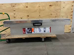 lot 100 image: HUSKY 71.36 Diamond Plate Aluminum Full Size Crossbed Truck Tool Box