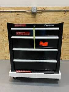 lot 120 image: HUSKY 26 in. W 4-Drawer Rolling Cabinet Tool Box Chest in Gloss Black
