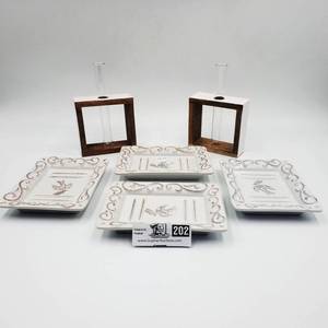 lot 202 image: Shabby Chic Ceramic Plates and Two Unique Bud Vases