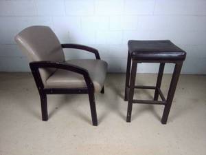 Wood Framed Leather Sitting Chair & Leather Top Stool