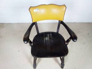 Vintage Yellow Pinned Leather Backrest Wooden Arm Chair