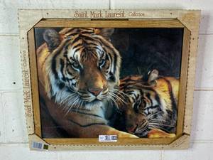 lot 046 image: Custom Framed Tiger and Dog Artwork