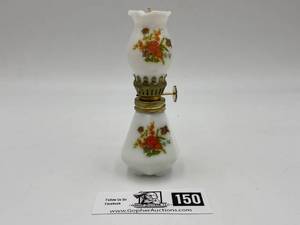 lot 150 image: Miniature Milk Glass Ruffled Oil Lamp & 2 Floral Vases