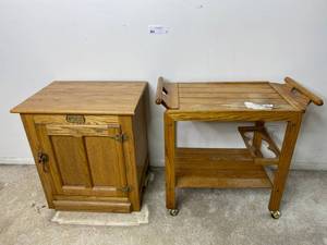 lot 33 image: White Simmons Hardware Co. Cabinet and Wooden Beverage Cart