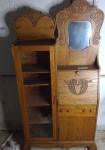 lot 209 image: Antique Oak Wood Side By Side Dressing Curio Cabinet