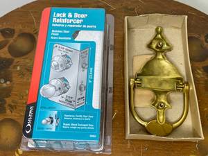 lot 105 image: Brand New Lock and Door Reinforcer and Brass Door Knocker, Still in Boxes