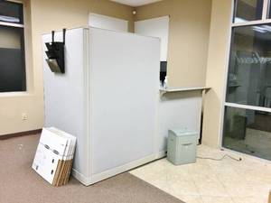 lot 1 image: Office Cubicle Lot Includes 1 Reception L Shaped Partition, A Set Of 2 Cubicles Plus A Set Of 3 - All Are Freestanding Meaning They Are Separate From The Wall.  Winning Bidder To Take Apart & Remove.  