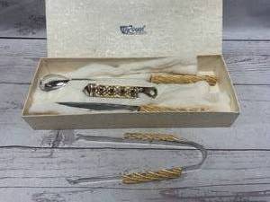 lot 2 image: Vintage Royal Jewelers Can Opener, Tongs, Spoon, Knife (heavy)