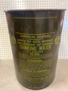lot 28 image: Vintage Dept. of Defense (civil defense) 17 12 Gallon Barrel 22 Tall