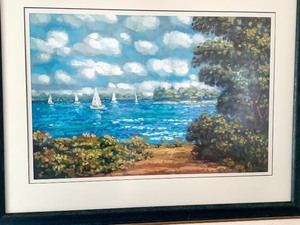 lot 100 image: Framed Oil on Canvas BoatWater Scene Painting