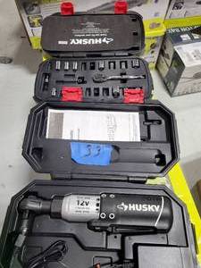 Husky 12 volt cordless ratchet 38 drive and husky mechanics tool set