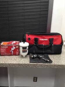 lot 15 image: Gravity Feed HVLP Spray Gun & 18 in. Wide Mouth -Zipper Tool Storage Bag with Shoulder Strap by Husky - slightly used - mixed