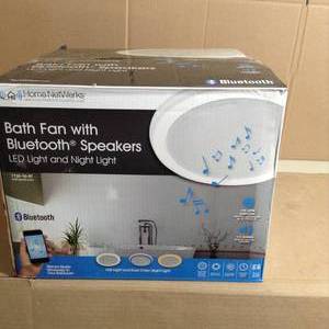 lot 44 image: Decorative White 110 CFM Ceiling Mount Bluetooth Stereo Speakers Bathroom Exhaust Fan with LED Light by Home Netwerks- open box not used