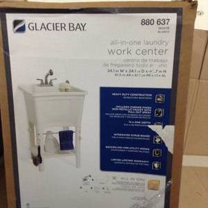 lot 55 image: All-in-One 24 in. x 24 in. 20 Gal. Freestanding Laundry Tub in White, with Non-Metallic Pull-Out Faucet in Chrome by Glacier Bay- open box not used