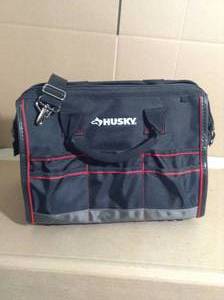 lot 71 image: 16 in. Large Mouth Tool Bag with Tool Wall by Husky- open